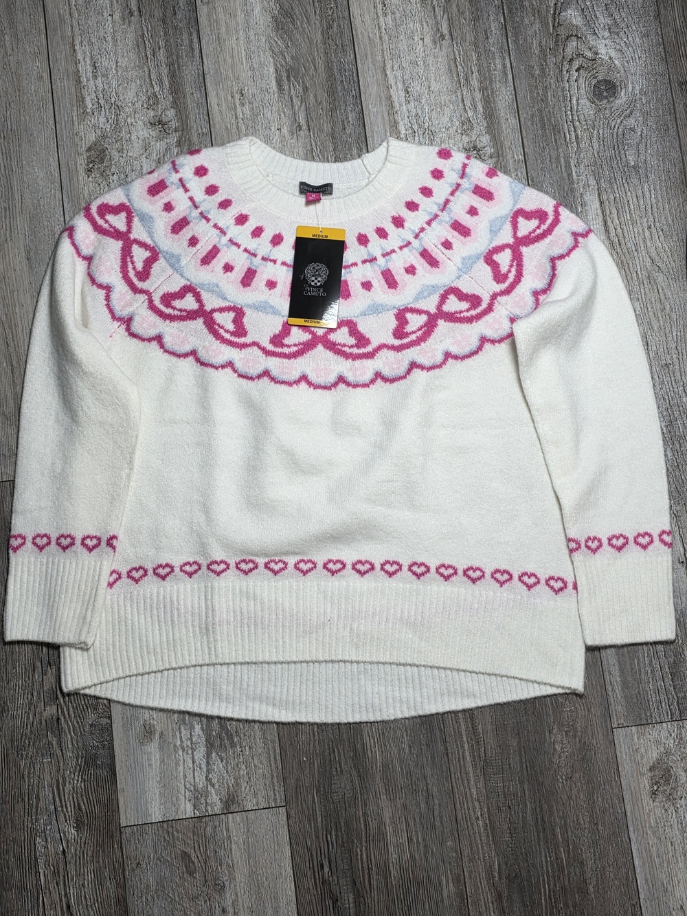 Vince Camuto Women's Fair Isle Hearts High Low Crewneck Sweater Sz Md *NWT